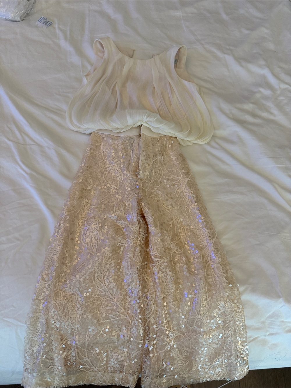 Ivory Cream Sequin Lace Wide-Leg Jumpsuit